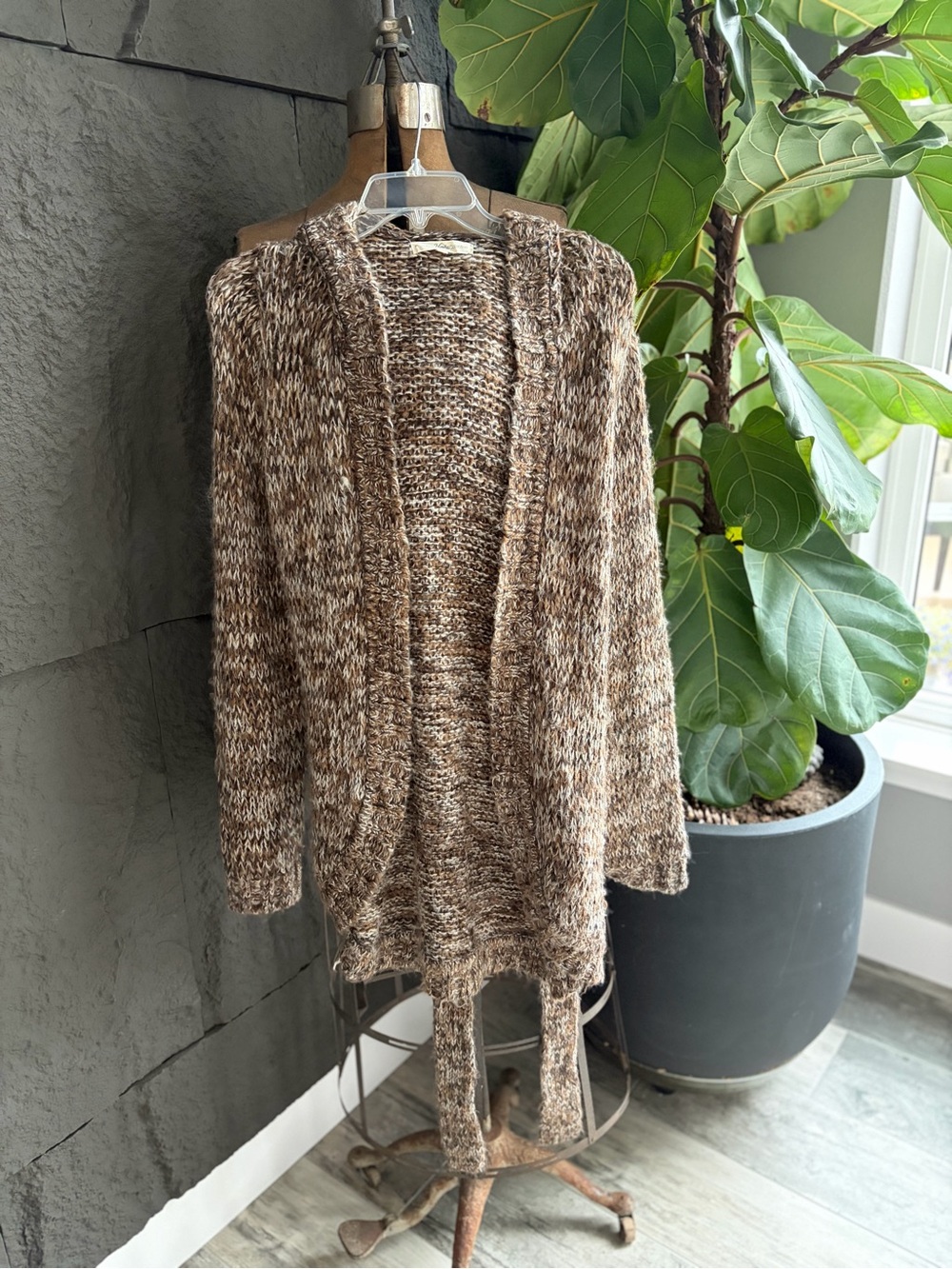 NY Collection Marled Brown Open-Front Knit Cardigan